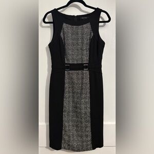 WHBM Black Tweed-Panel Midi Dress with Belt Detail